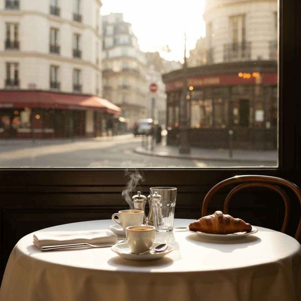 Coffee and croissant in classic French café setting
